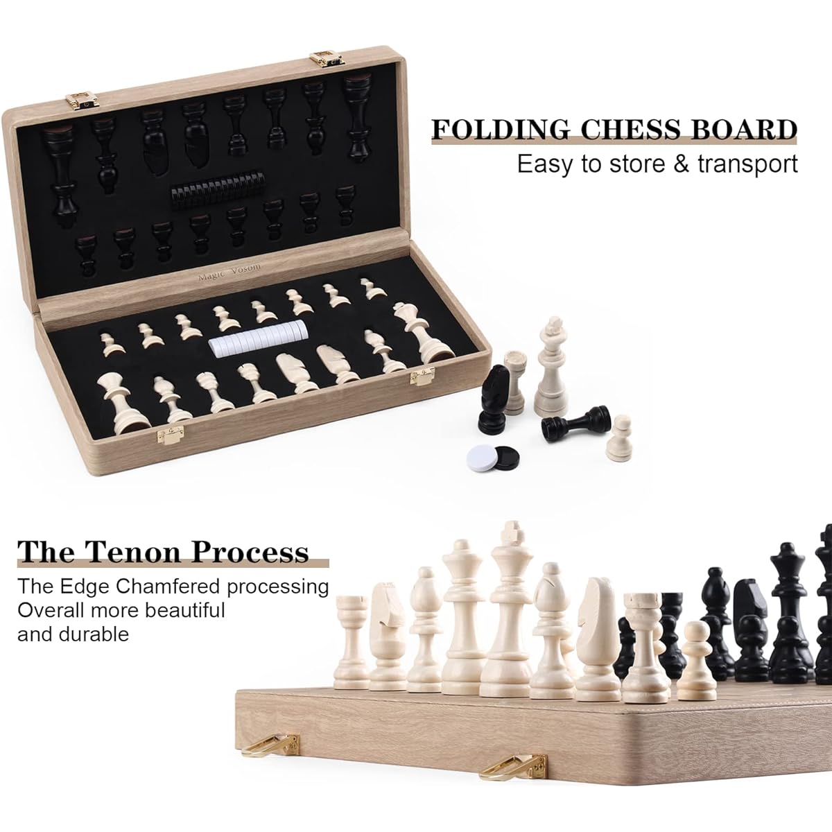 Magic Vosom 15" Wooden Chess & Checkers Set, 2-in-1 Folding Board, Purely Handmade Portable Travel Chess Board Game Set with Game Pieces Storage Slots, Beginner Chess Set for Kids and Adults