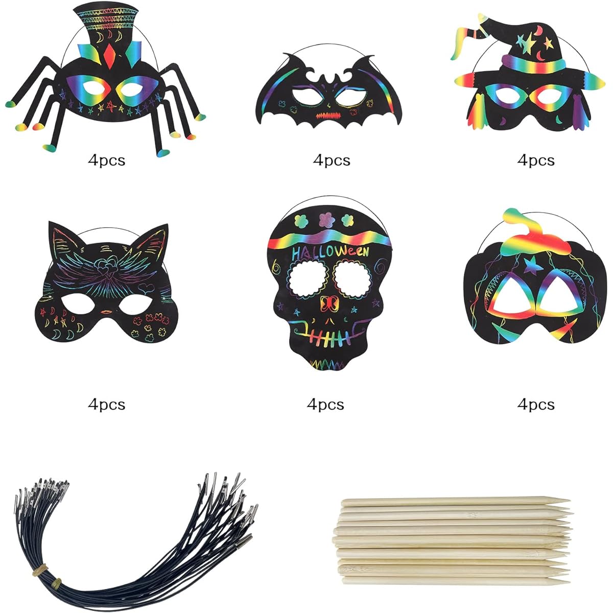 Neknock Rainbow Scratch Paper Halloween Mask Craft Set, 24pcs Magic Scratch Paper Masks, 24pcs Elastic Cords Scratch Tool Halloween Party Favors Scratch Art Party Favors for Kids