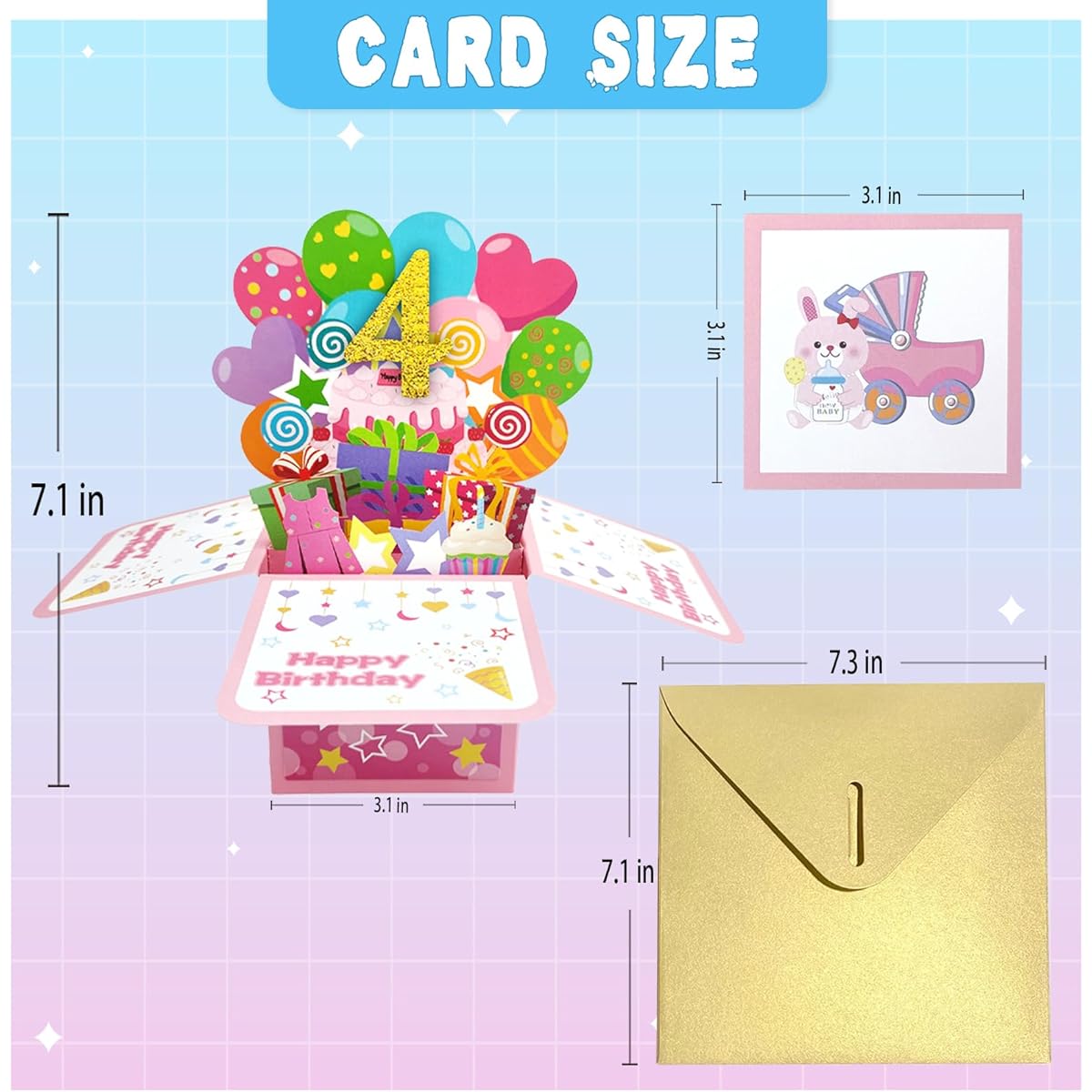 Asmallgf Pink 4th Birthday Pop Up Greeting Card