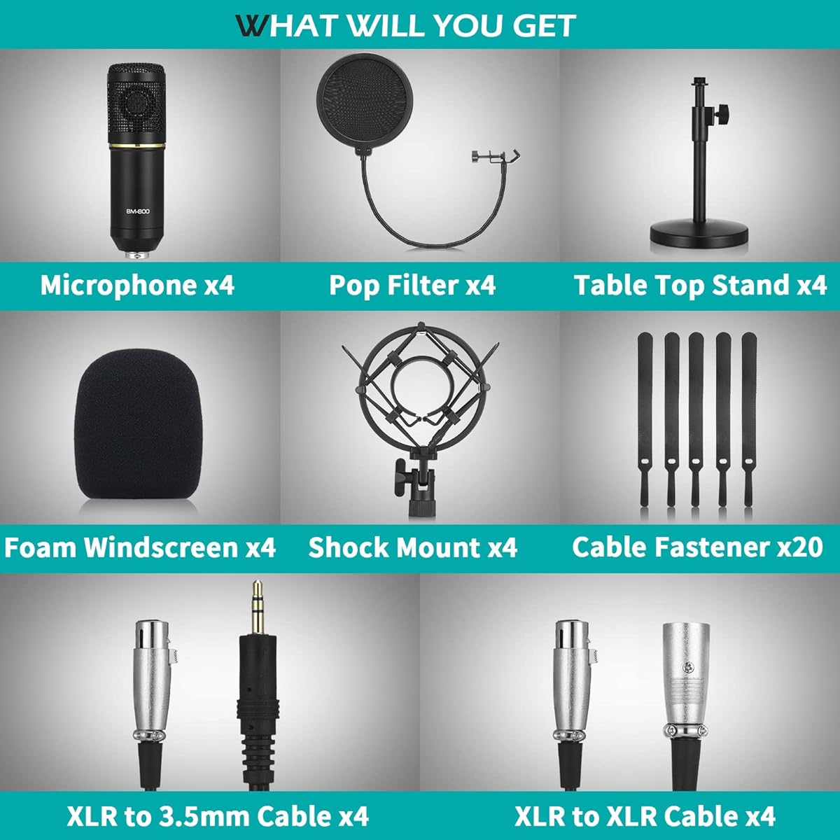 4 Pack XLR Condenser Microphone Professional Studio Cardioid Microphone Kit with Cardioid Mic Shock Stand Windproof Cotton Blowout Net Metal Stand Male to Female Cable for Podcasting Recording
