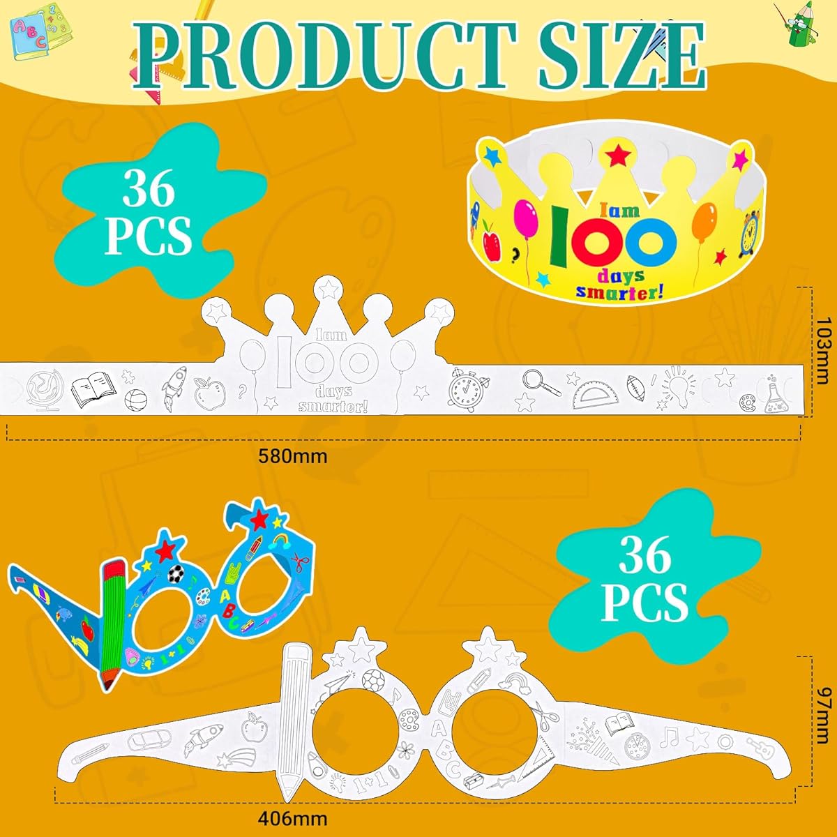 36 Pack 100 Days of School Paper Decoration Kit with 100th Day of School Paper Sunglasses Crown for Kids Classroom Activities Supplies