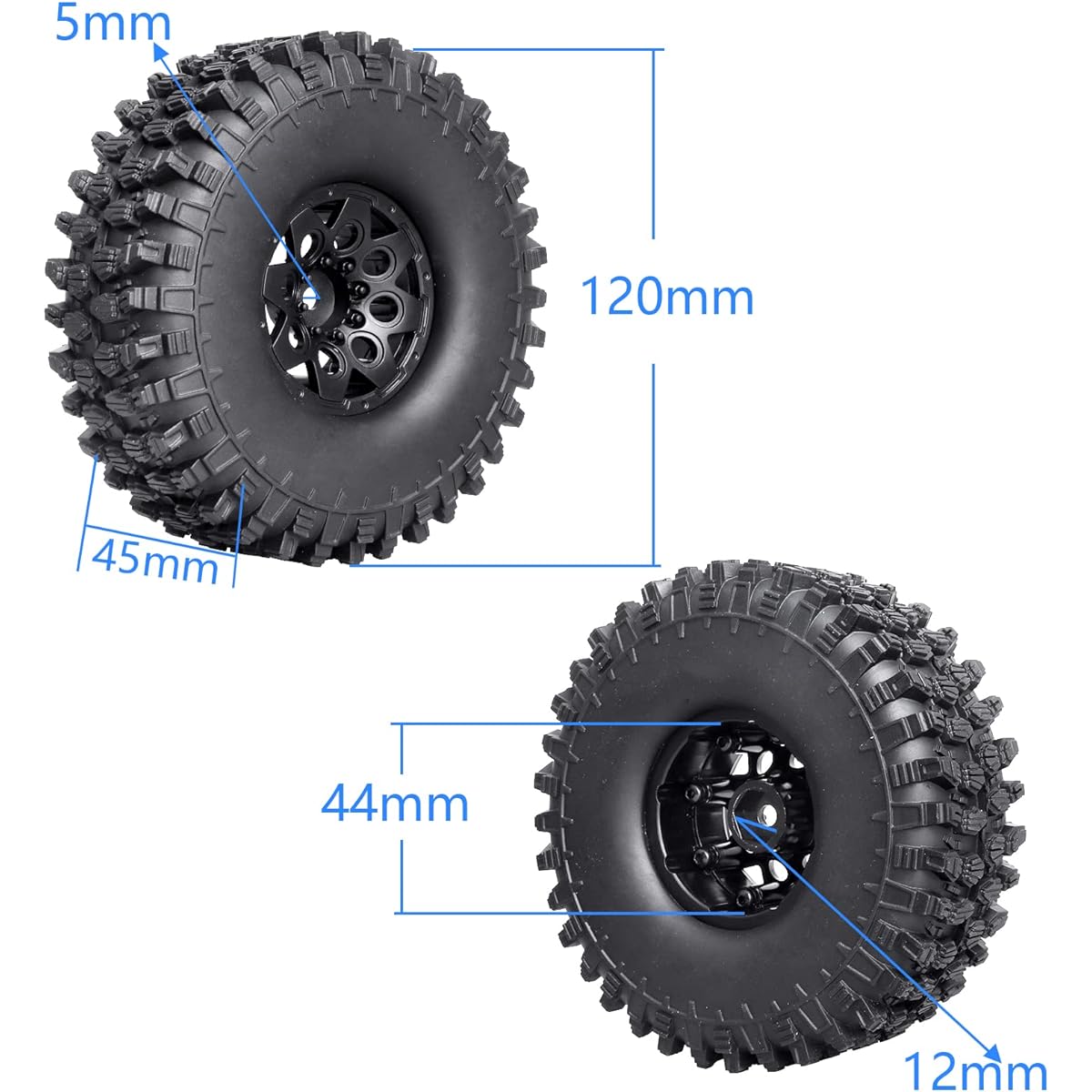 Hobbypark Pre-Mounted 12mm Hex Plastic 1.9 Beadlock Wheels and Tires 120mm/4.72" Height with Built-in Wheel Weight Foam for 1/10 RC Crawler Axial SCX10 II III TRX4, Set of 4