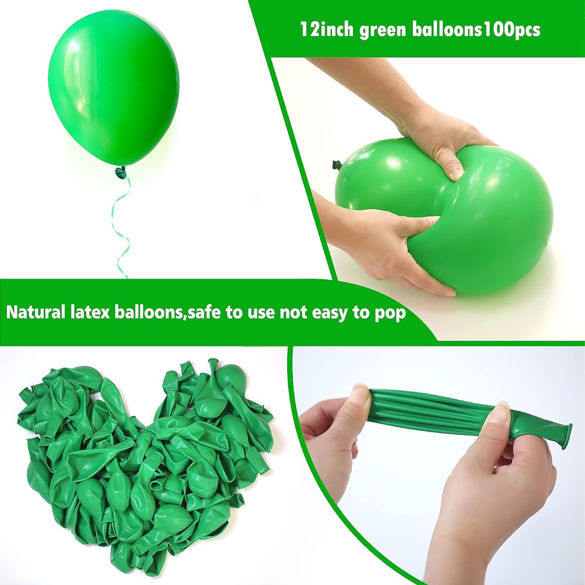 Green Balloons 12 Inch Pack of 100 Green Latex Balloons Birthday Party Balloons (with Green Ribbon)