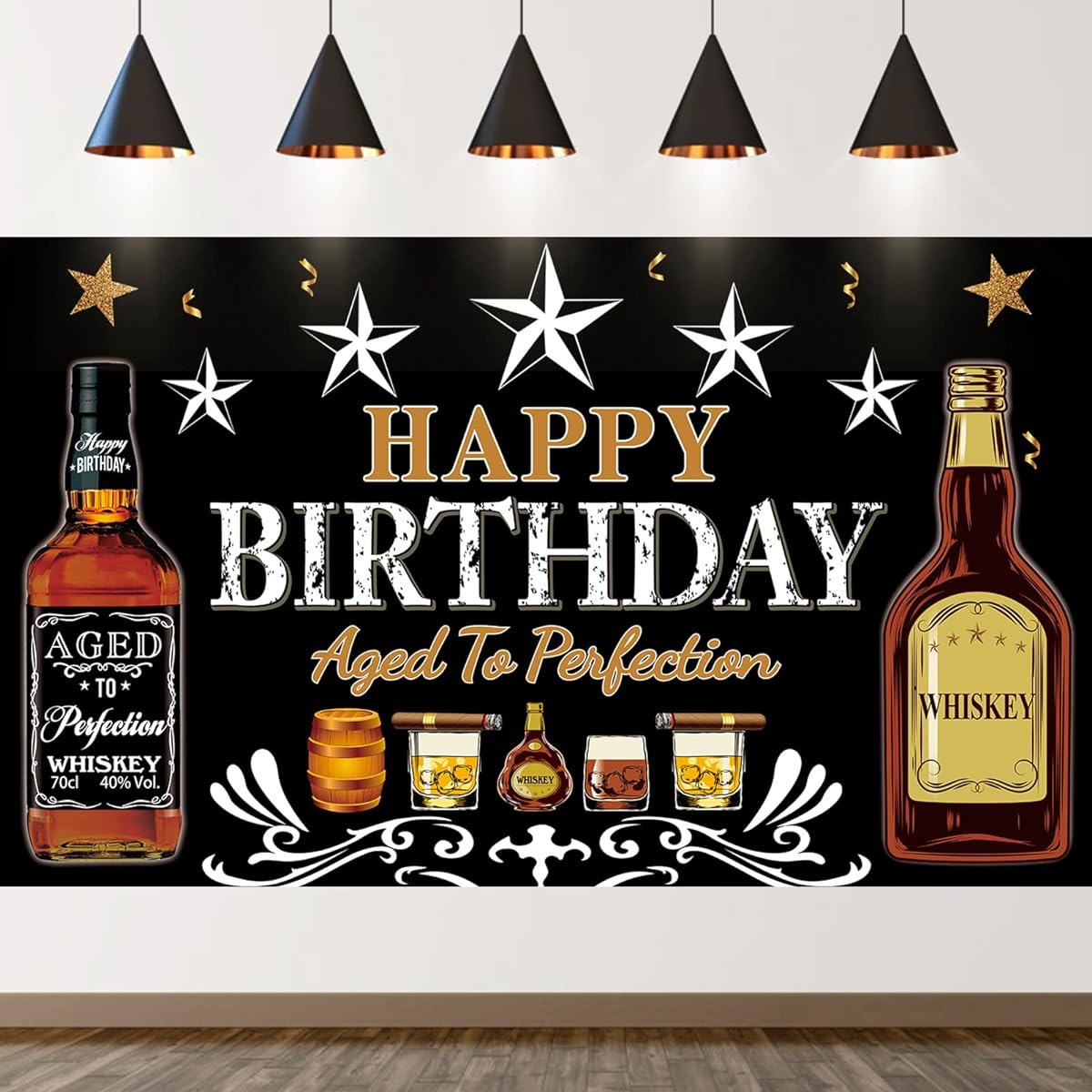 Whiskey Birthday Party Decorations for Men Large Aged to Perfection Happy Birthday Banner Backdrop Party Supplies Whiskey Theme Cheers Beer Party Poster Decoration Black White