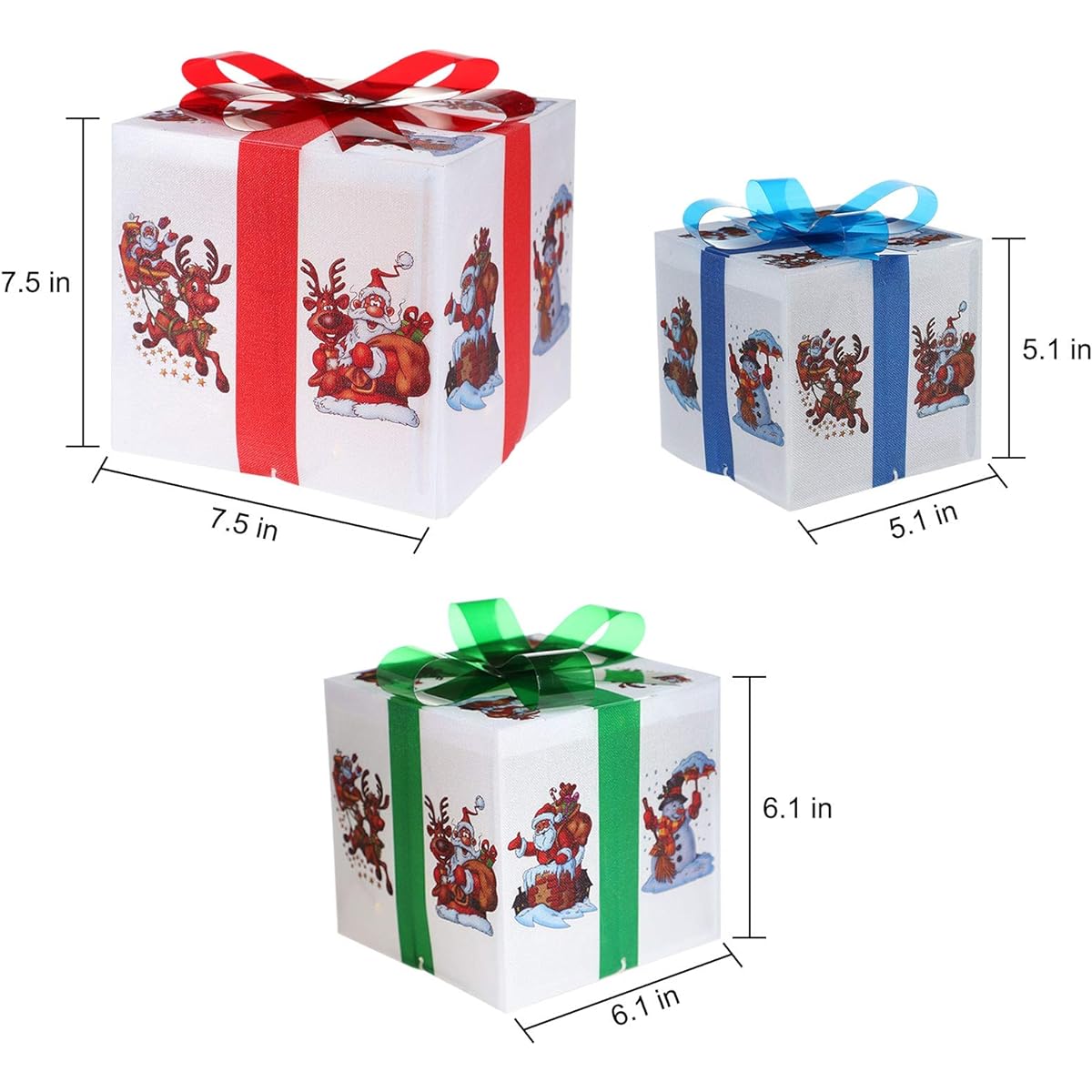 MorTime 3 Pack Lighted Boxes with Bows, Santa Claus, Reindeer, Snowman PVE Boxes with 60 LED Light Strings for Christmas Decorations, Red, Green, Blue