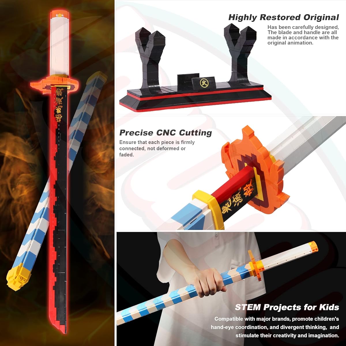 Rengoku Kyojuro Sword Compatible with Lego Demon Slayer Rengoku Kyojuro Sword with Sheath and Stand Cosplay Anime Sword Toy Building Set 790 Pieces