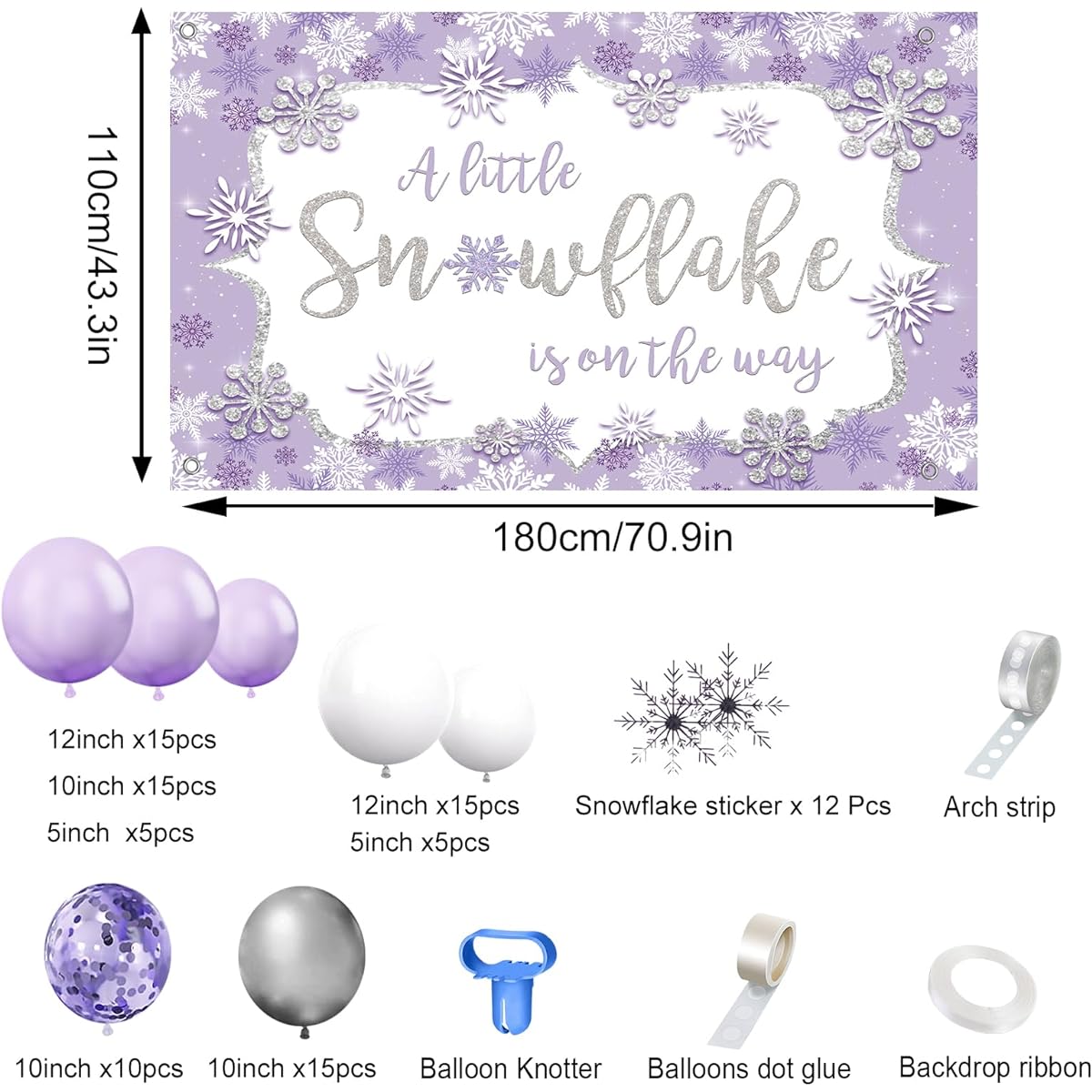 AIBIIN Baby Shower Balloon Kit Winter Snowflake 80pcs Purple Baby Shower Photography Background Banner Package Purple and Silver Glitter Snowflake Wonderland Photo Oh Baby Banner