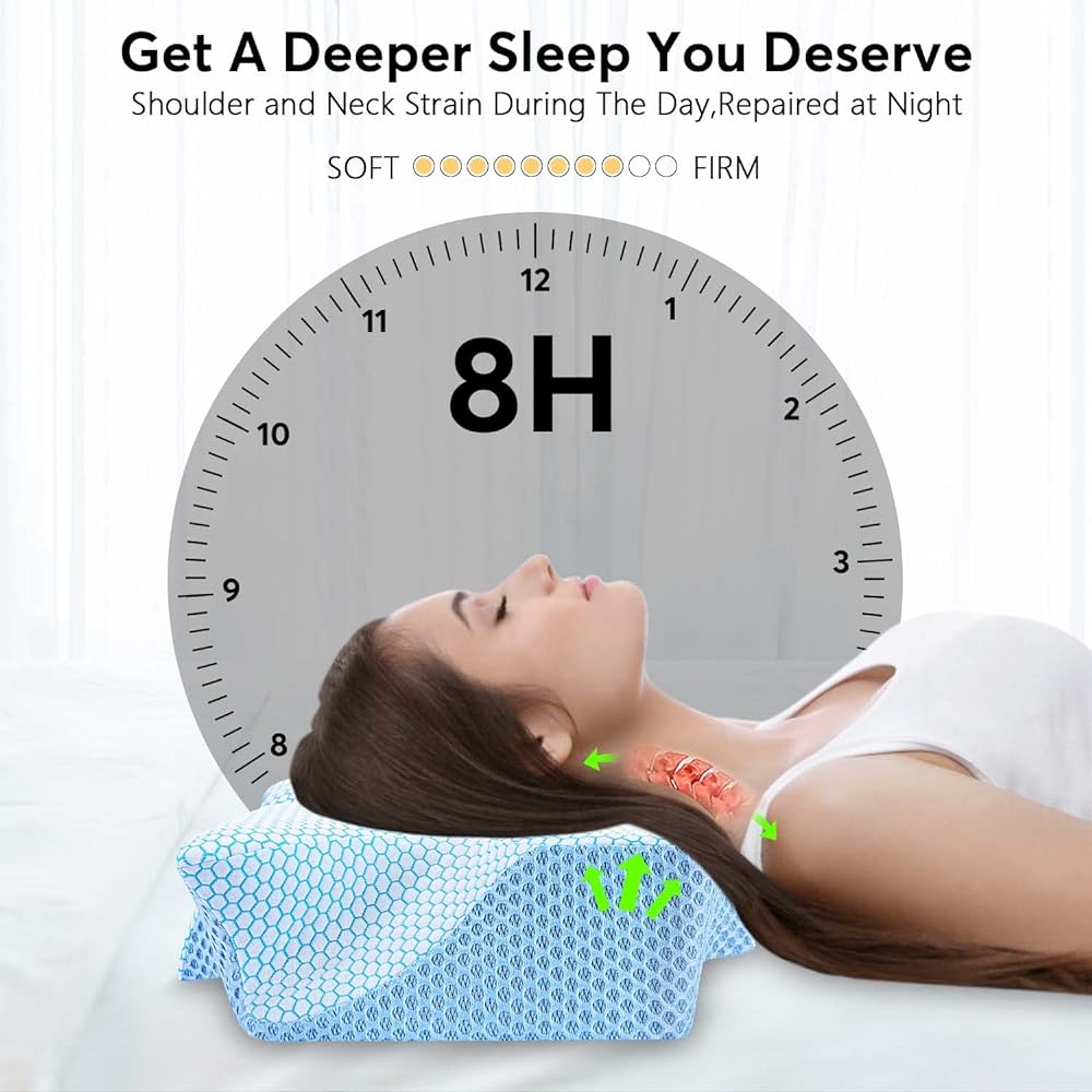 Anvo Cervical Neck Pillow for Neck and Shoulder Pain - Memory Foam Neck Pillow for Sleeping Pain Relief Side Sleeping Pillow Curved Orthopedic Soft Pillow for Back Sleepers - Blue