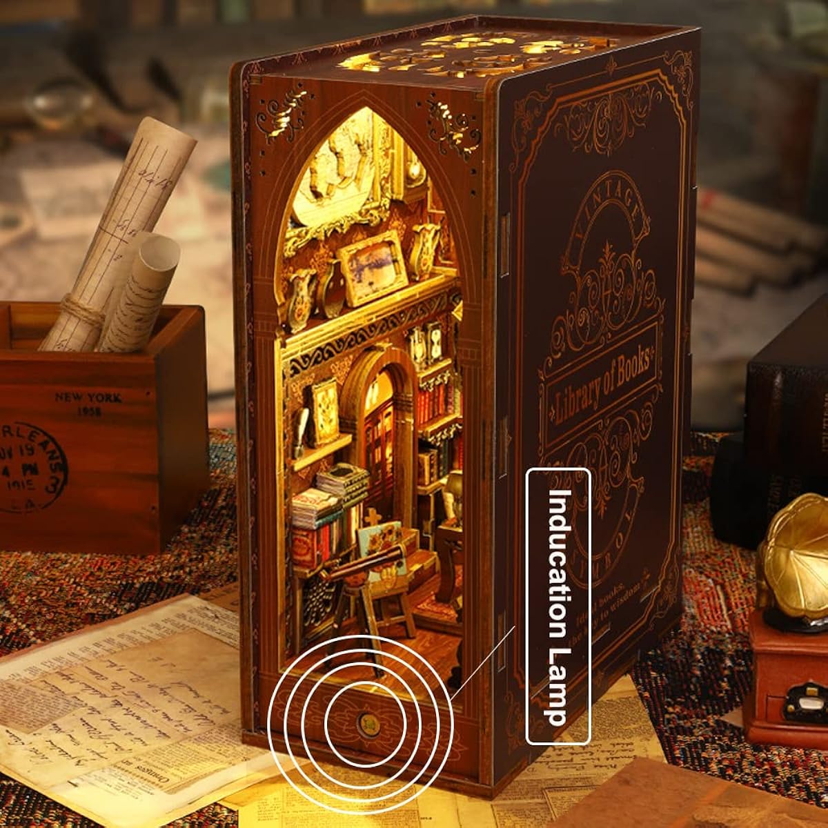Book Nook Miniature Kit DIY Wooden Dollhouse 3D Wooden Puzzle Bookends Library Bookshelf Decor Craft for Adults Assembly Model Kit with Sensor Light