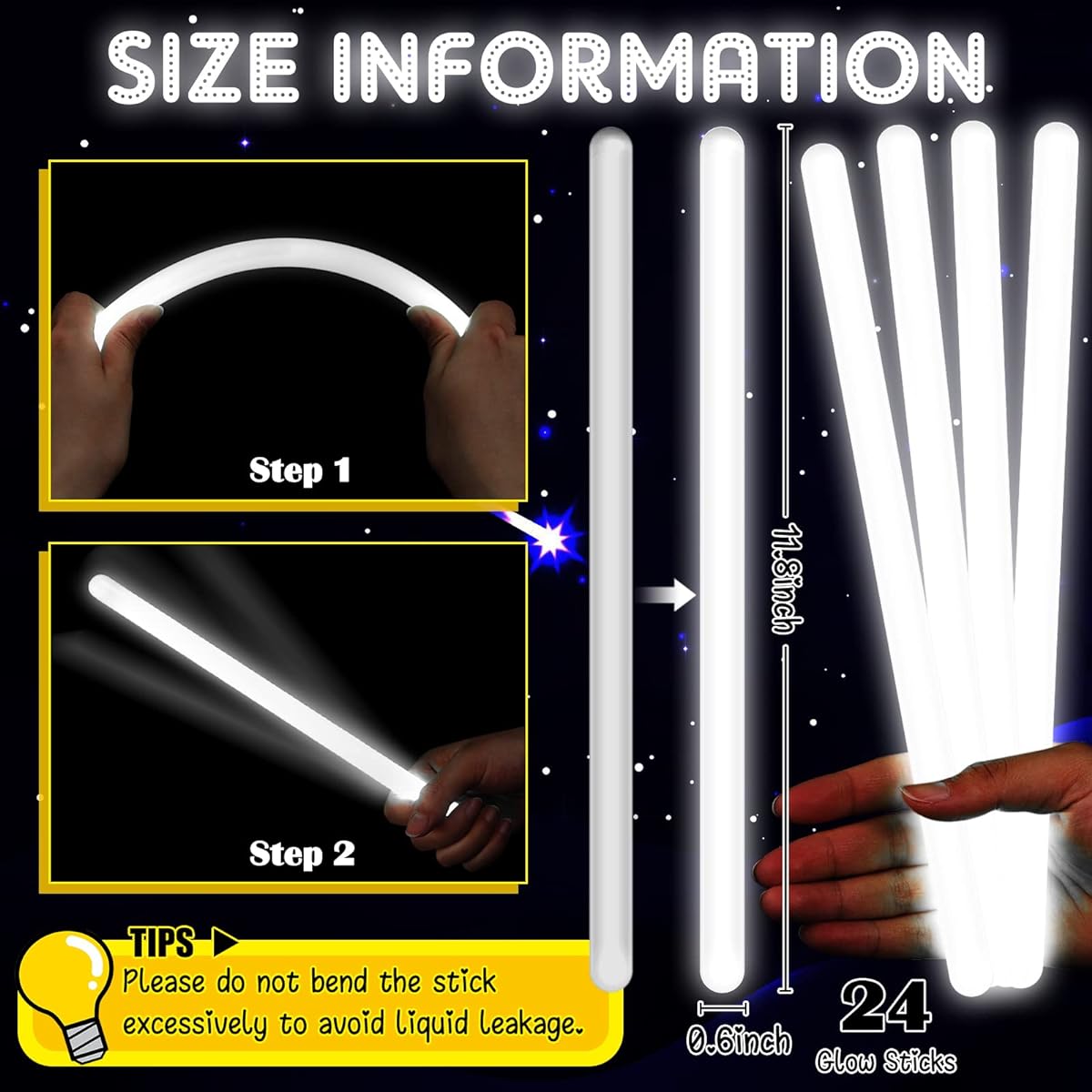 Honoson White Glow Sticks 48pcs Bulk 12" Diameter 15mm Wedding Festival Rave Birthday Party Favors Glowing Bright Light Up Toys