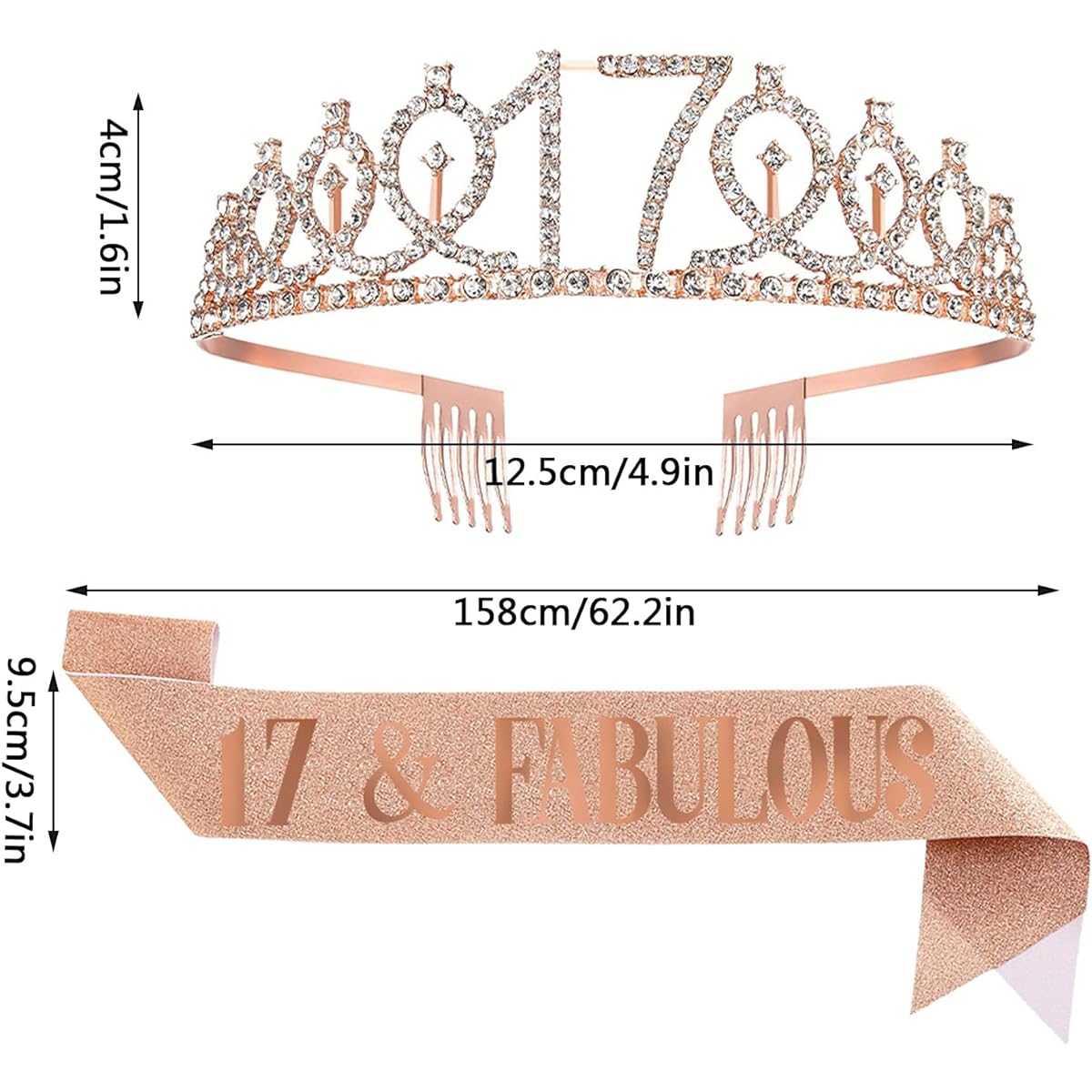 UVATAHONA 17th Birthday Sash and Tiara for Girls, 17 Years Old, Fabulous Sash and Tiara Birthday Crown, 17th Birthday Gifts, Birthday Favors for Girls and Kids, Supplies and Decorations, Rose Gold