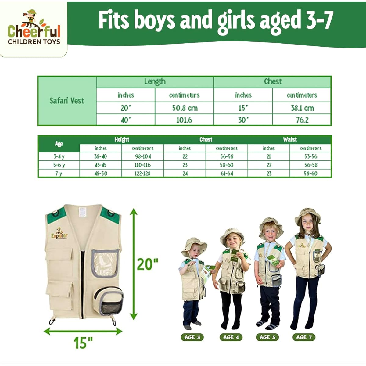 Kids Explorer Costume Includes Safari Vest and Hat - Boys and Girls Ages 3-7 - Paleontologist Zoo Keeper Park Ranger or Fishing Role Play with Bonus Dinosaur Content
