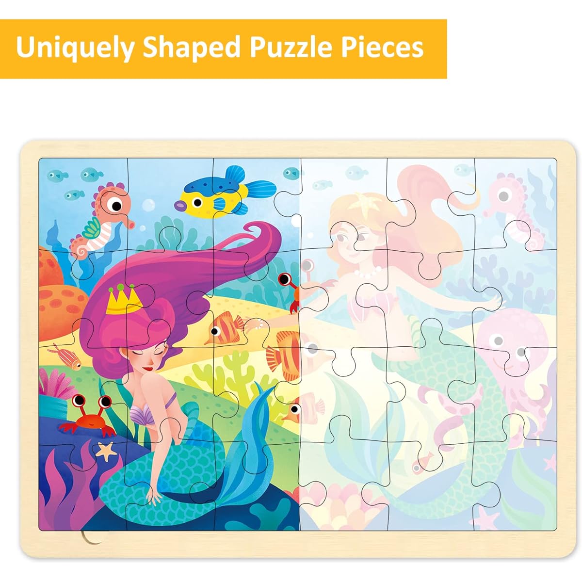 MingTa 24 Piece Puzzle for 3 Years Old, Little Mermaid Wooden Jigsaw Puzzle for 3-5 Years with Unique Puzzle Pieces, Educational Toddler Puzzle for Ages 2-4 with Storage Tray