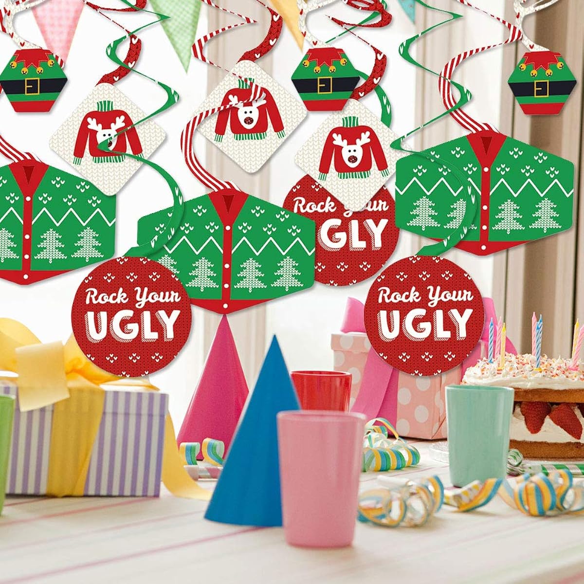Big Dot of Happiness Ugly Sweater - Holiday and Christmas Party Hanging Decor - Party Decorations Swirls - Set of 40