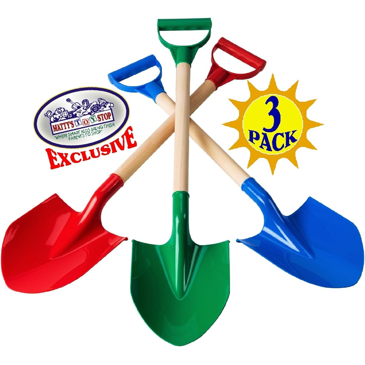 Matty's Toy Stop 31" Heavy Duty Wooden Kids Shovel with Plastic Spade & Handle (Red, Blue, Green) Complete Gift Set Bundle - 3 Pack