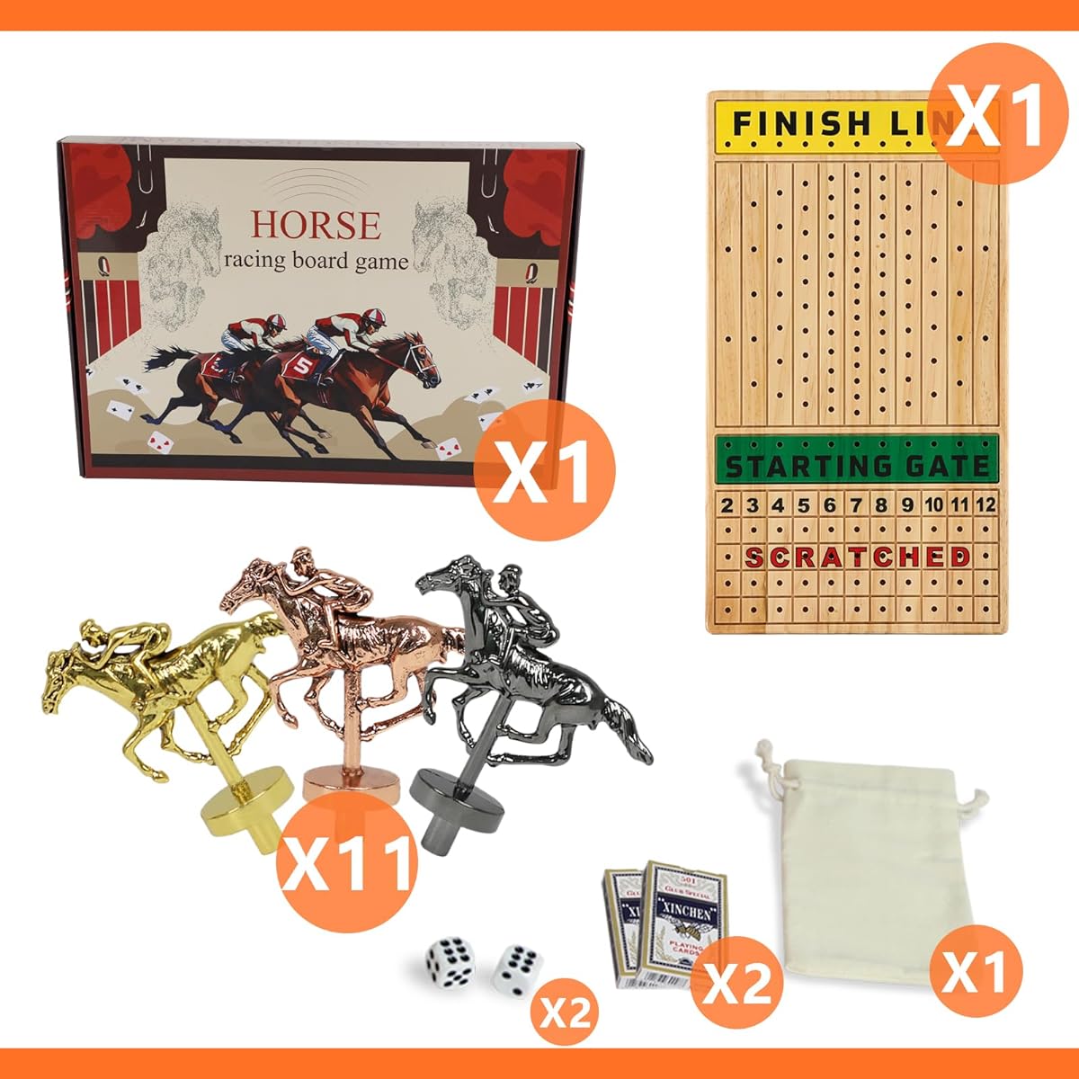 NRZSSN Extra Large 21" Horse Racing Board Game with 11 Luxury and Durable Classic Metal Horses, 4 Dice and 2 Boxes of Cards, Thick Solid Wood Horse Racing Game (Log Color, Rectangle)