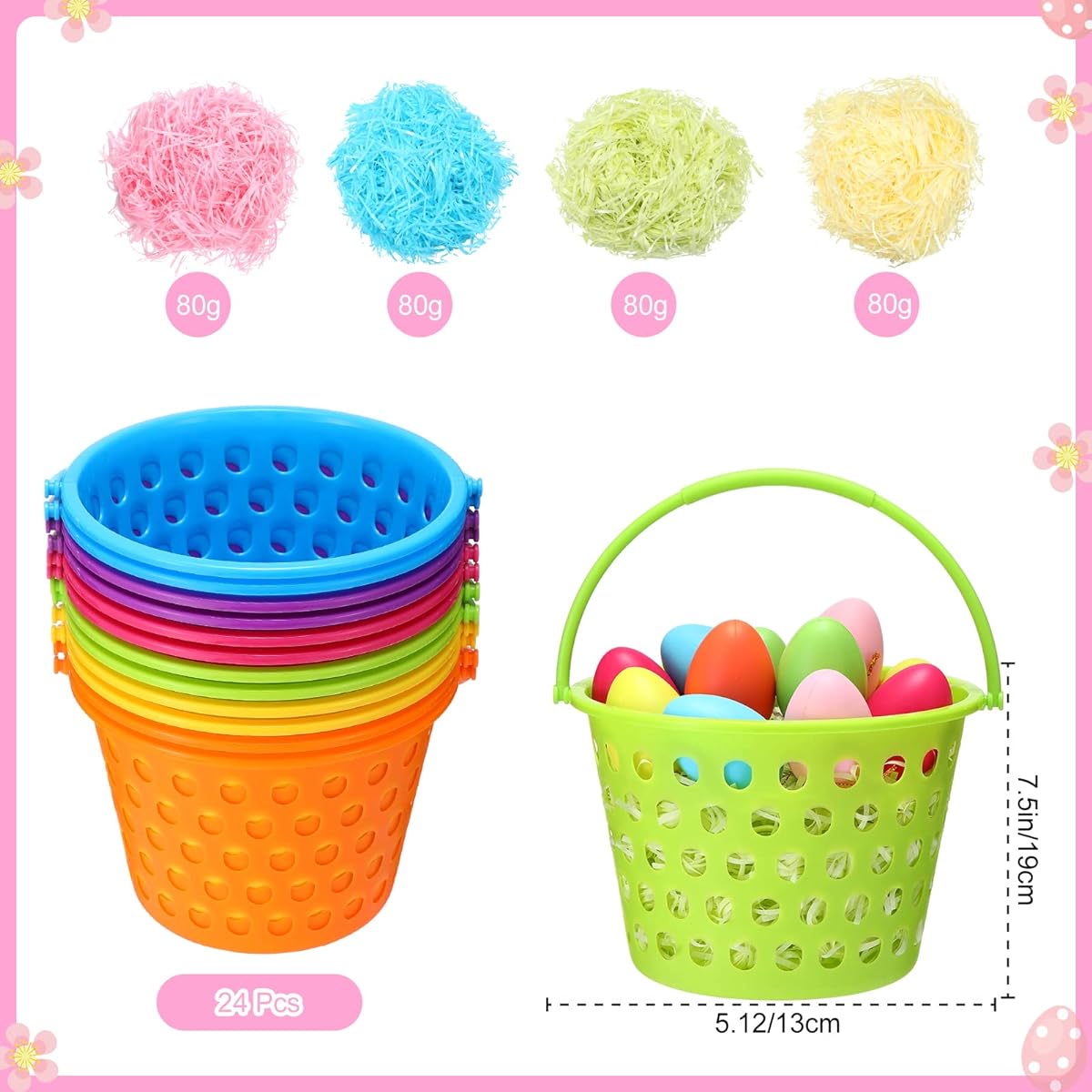 24 Plastic Easter Baskets 320g Raffia Paper Grass Easter Bulk Easter Small Buckets for Kids Egg Hunt Easter Party Favors