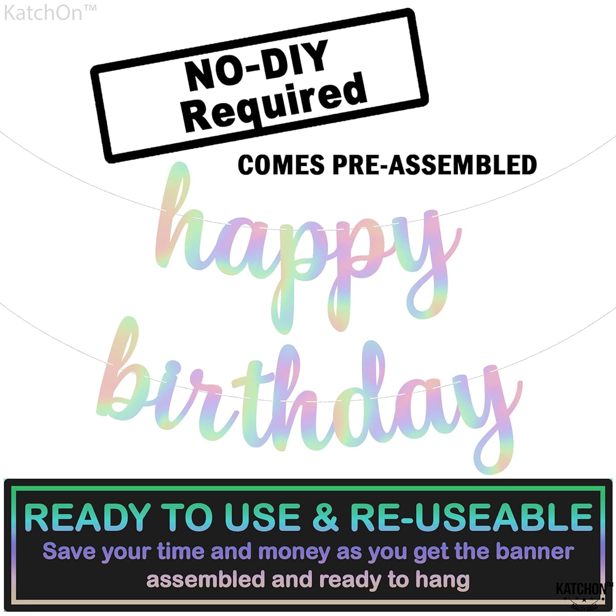 KatchOn Pre-Strung Happy Birthday Banner 10ft Iridescent Birthday Banner Pastel Birthday Banner Happy Birthday Decorations Mermaid Happy Birthday Banner Rainbow Party Decorations