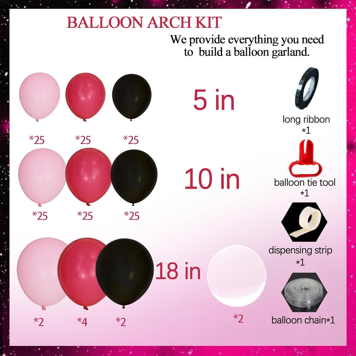 INFLORAL Hot Pink Balloon Garland Arch Kit, 160pcs Rose Red Black Pink Balloons Set Latex Balloons Birthday Balloons for Party Decorations