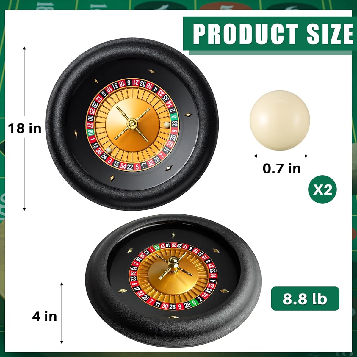 Leyndo 18" ABS Professional Roulette Wheel Set, Casino Grade Roulette Set with Double Zero Layout Roulette Wheel and 2 Roulette Balls for Home Night Game or Professional Use, S