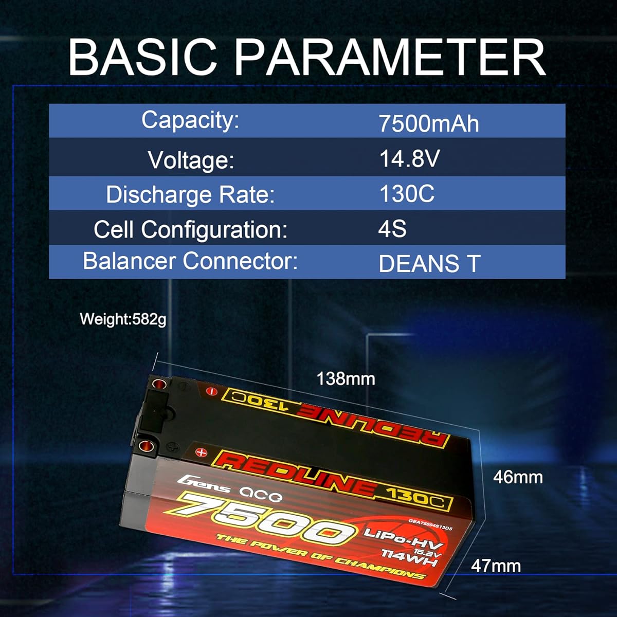 Gens ace Redline Series 4S Lipo Battery 130C HV 15.2V 7500mAh Lipo Battery Hard Case Pack for RC Car Racing