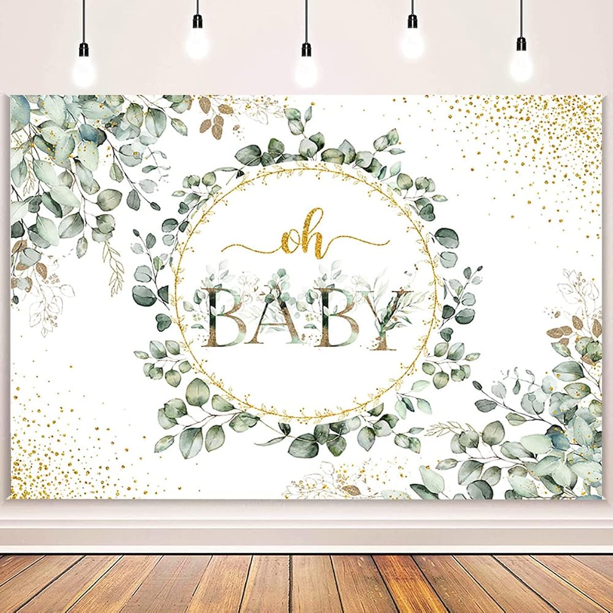 AIBIIN Green Baby Shower Backdrop Banner Oh Baby Shower Decoration Banner Green Eucalyptus Gender Reveal Newborn Party Backdrop for Cake Table Vinyl 7x5ft