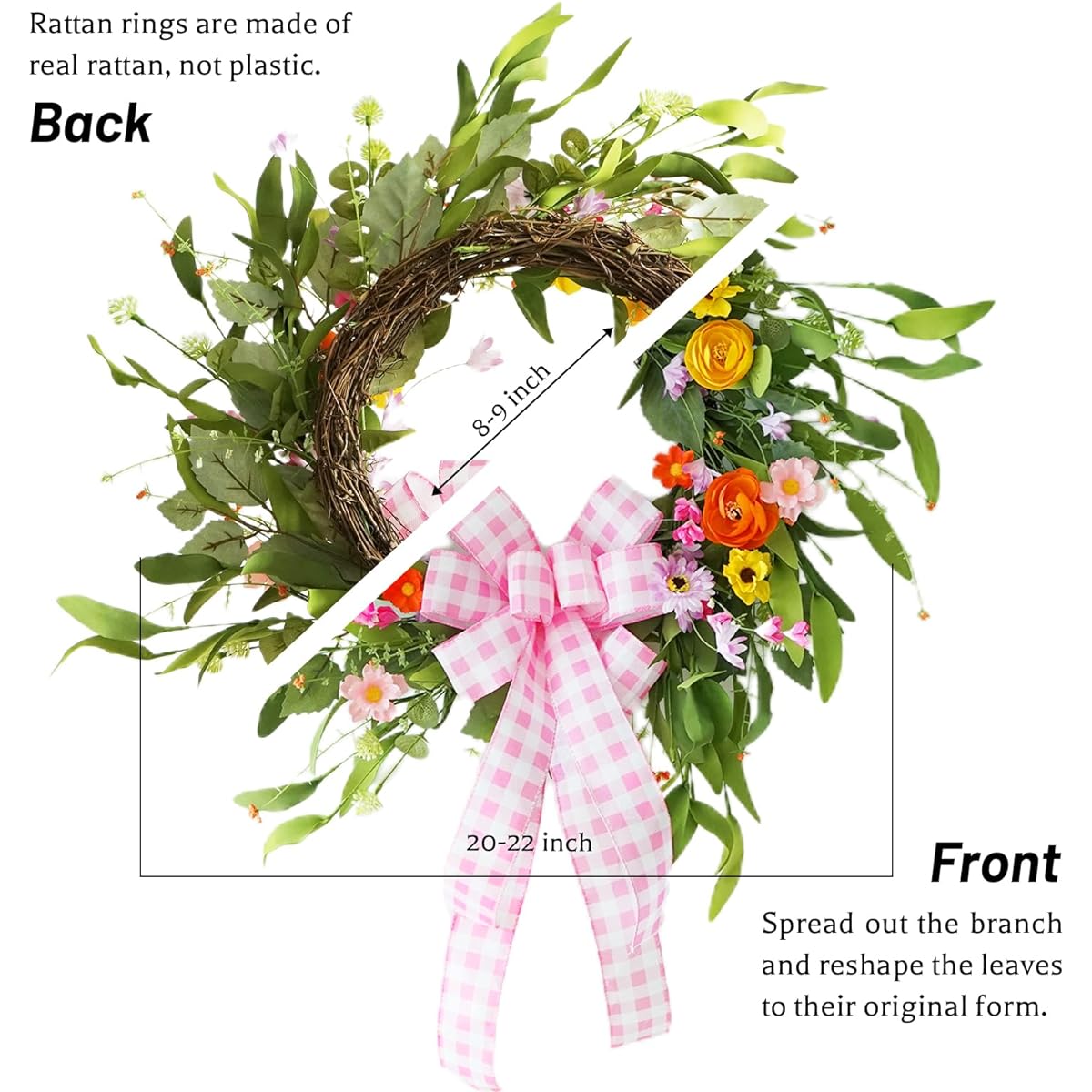 Wreathqueen 22" Spring Wreath for Front Door, Real and Durable Artificial Silk Summer Flowers, Handmade Front Door Wreath, Pink Ribbon and Wildflowers, Greenery, Indoor Outdoor Wreath Decor