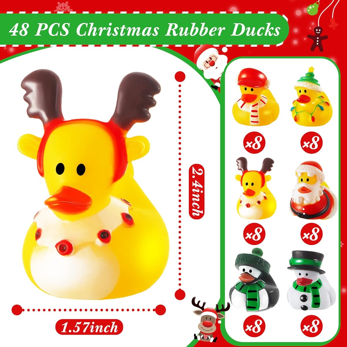 48pcs Christmas Rubber Duck Toys Fancy Christmas Duck Party Decorations Small Rubber Ducks Funny Rubber Ducks for Christmas Winter Holiday Birthday Pool Bath Classroom Giveaways Goodie Bag Fillers 2.4 inch