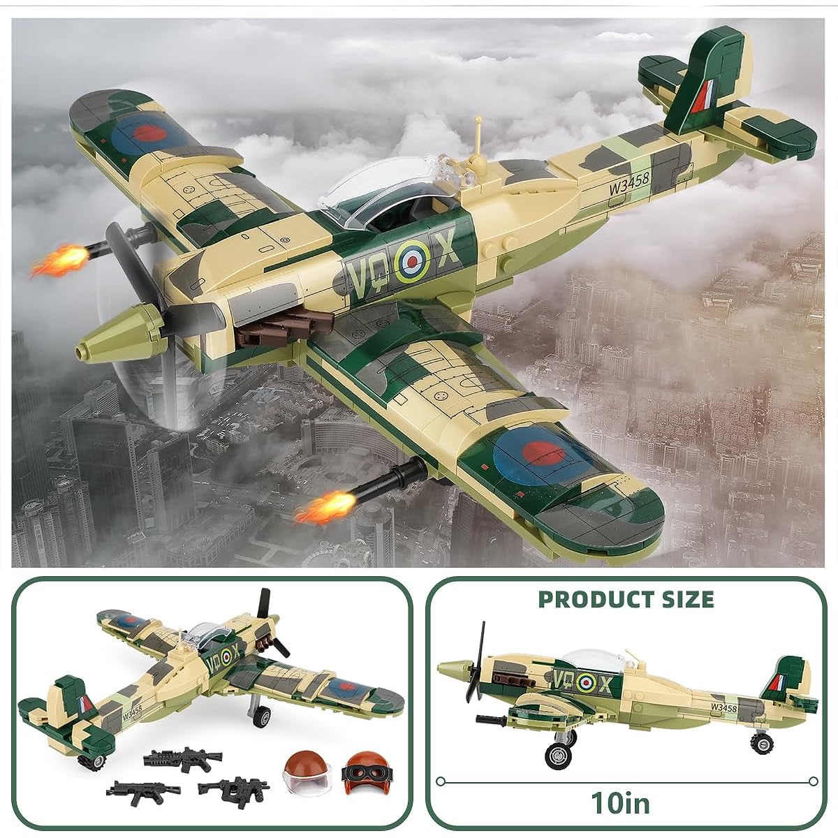 TOY PLAYER Spitfire Fighter Plane Jet Building Set - Compatible with Lego Planes, Military Airplane Models, Great Gift for Ages 6, 7, 8, 9, 10, 11, 12, WWII Military Set Collectors & Enthusiasts.