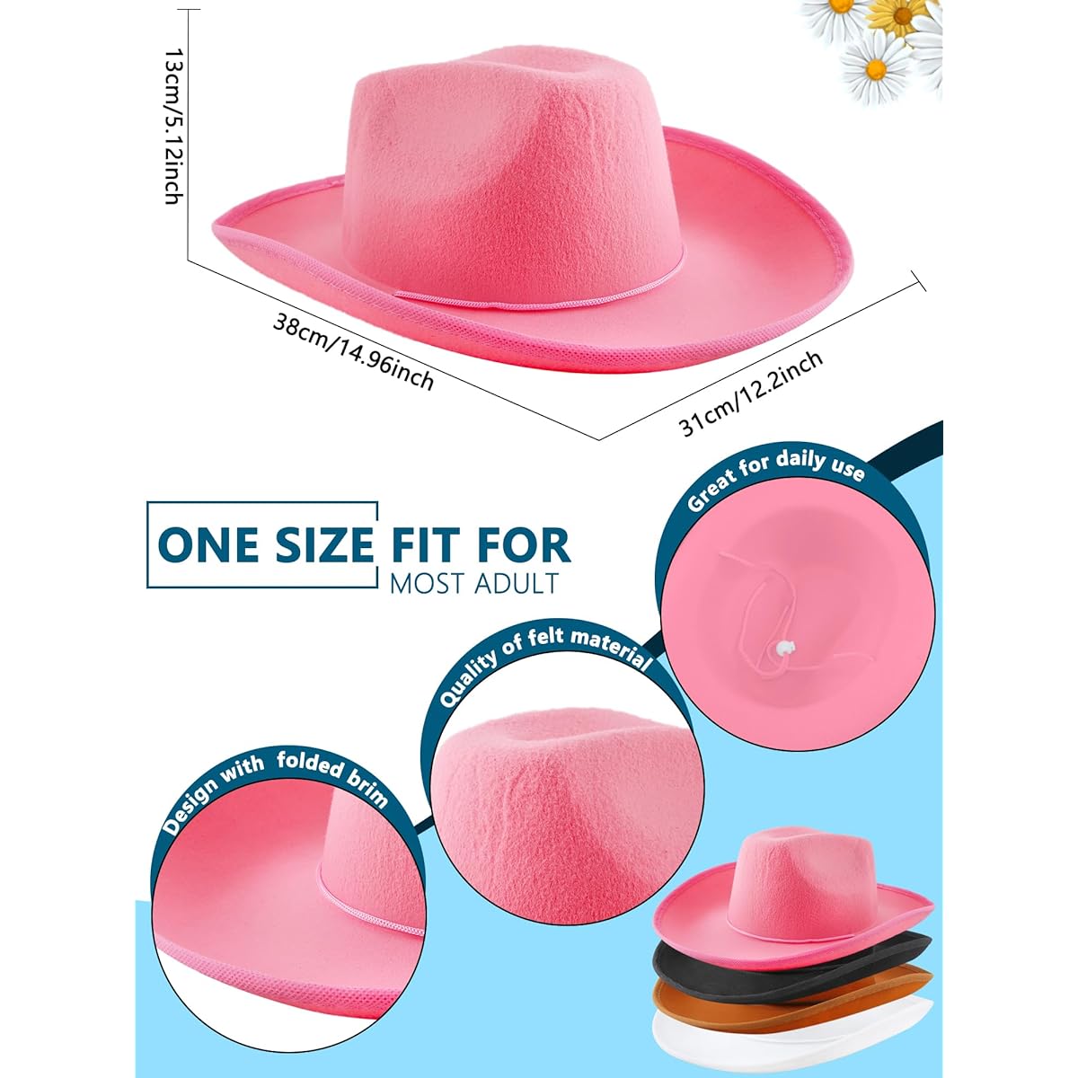 SGBETTER Cowboy Hats, Felt Texan Country Cowboy Hats with Neck Drawstring for Adults, Pack of 4 for Cowboy Cowgirl Theme Party
