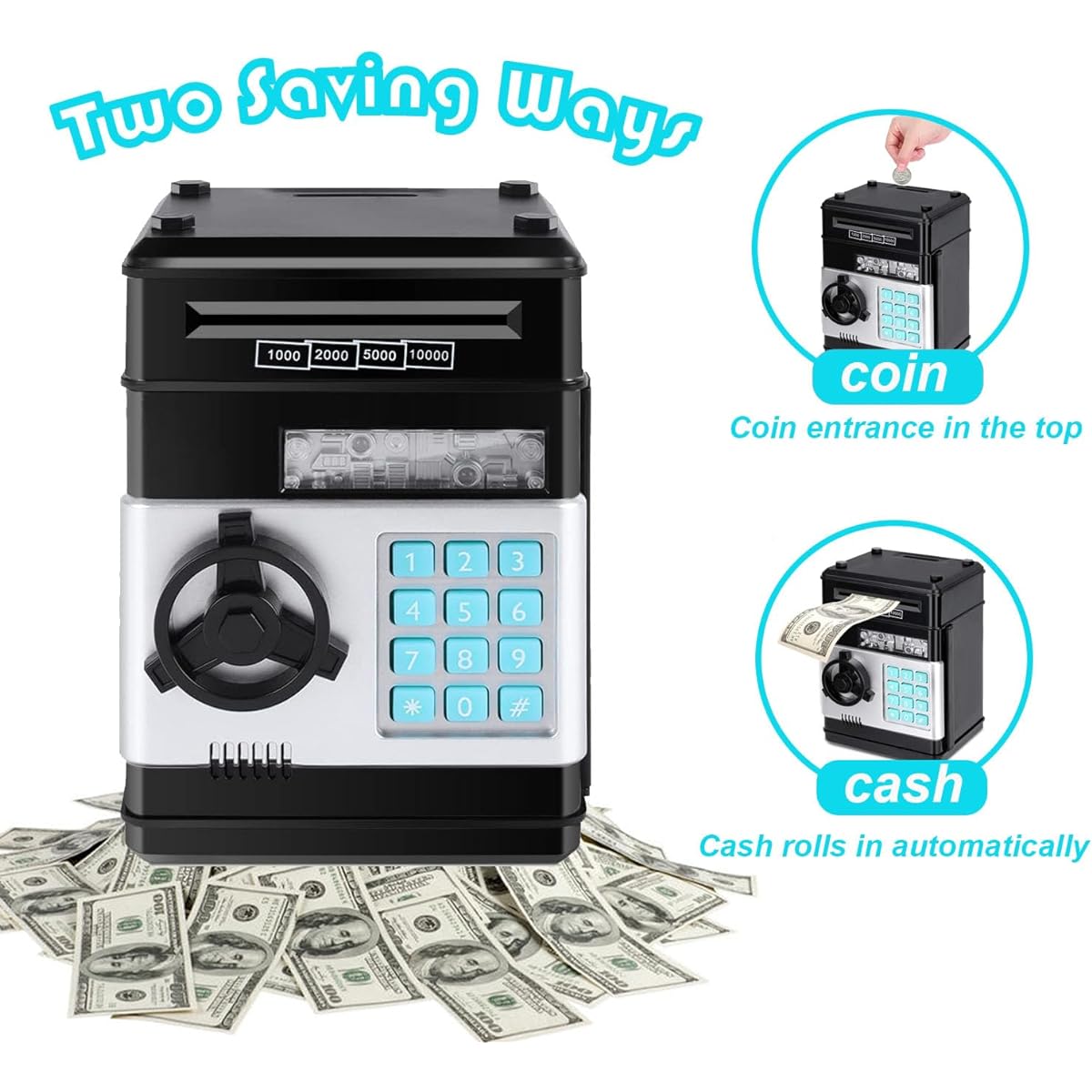 Piggy Bank Kids Electronic Piggy Bank ATM Coin Bank with Secure Password Piggy Bank for Boys and Girls 5 6 7 8 9 Perfect 10th Birthday or Christmas Gift (Black)