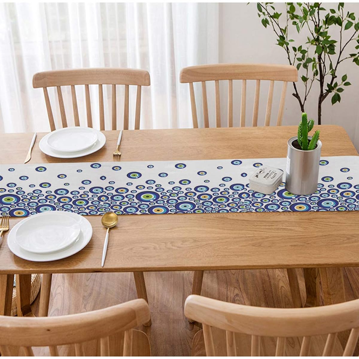 HGOD DESIGNS Eye Table Runner Blue Turkish Evil Eye Bead Pattern Cotton Linen Table Runner Home Decor Kitchen Dinner Tea Tablecloth Placemat 14" x 72"
