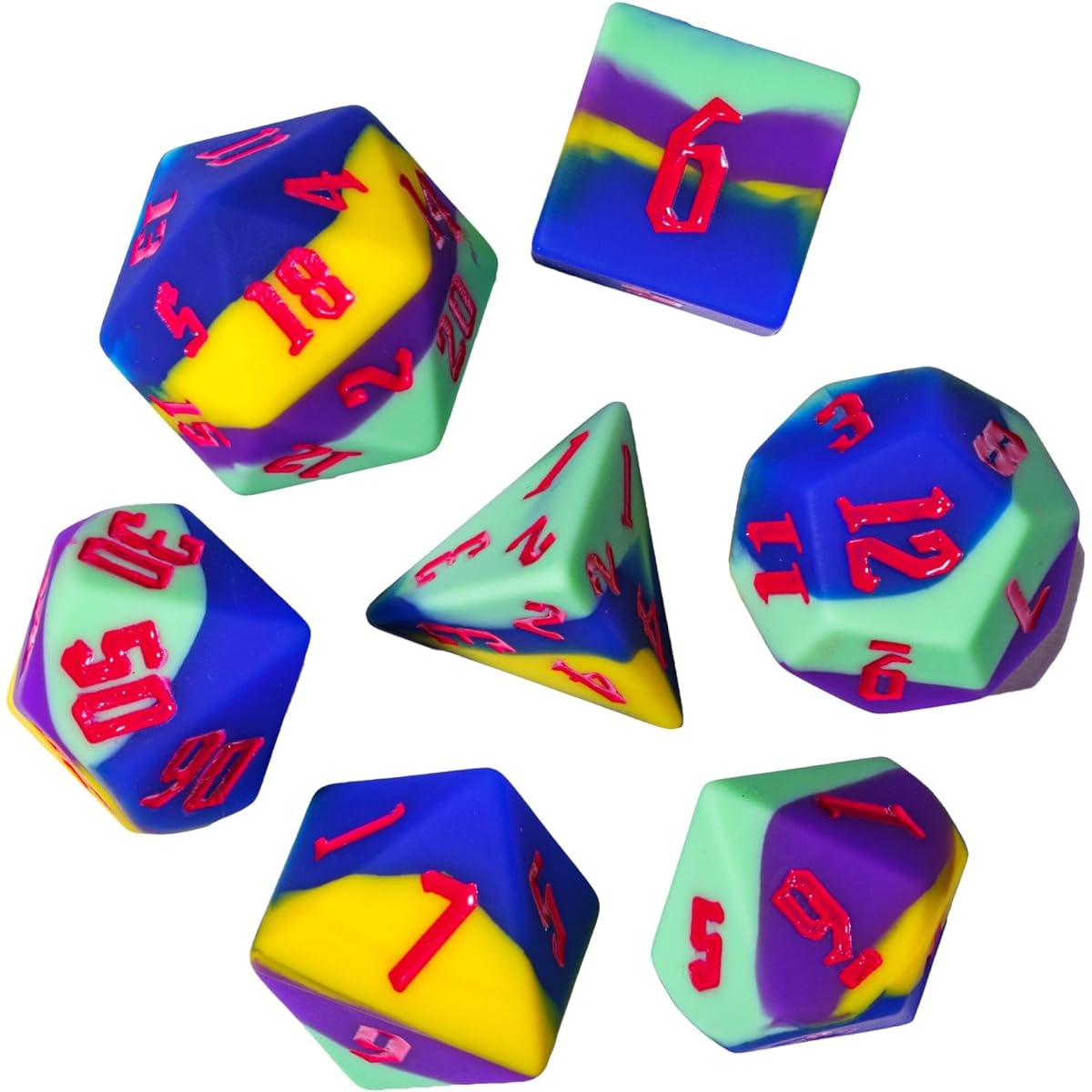 IUSTIDIE Silicone 7 Dice DND Dice Polyhedral Dice D&D Dice Set Bright Color Soft & Comfortable Touch Perfect Bouncer for D&D RPG Bar Pub Club Classroom Party Game (Purple Blue Green Yellow/R)