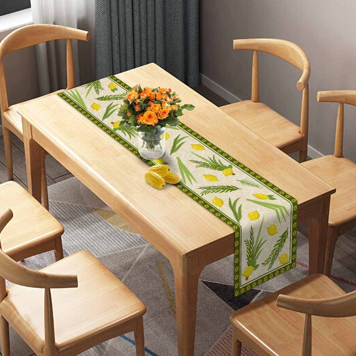 Linen Scott Table Runner Jewish Scupler Table Decor Etrog Lulav Kitchen Dining Room Party Decor 13x72 Inch