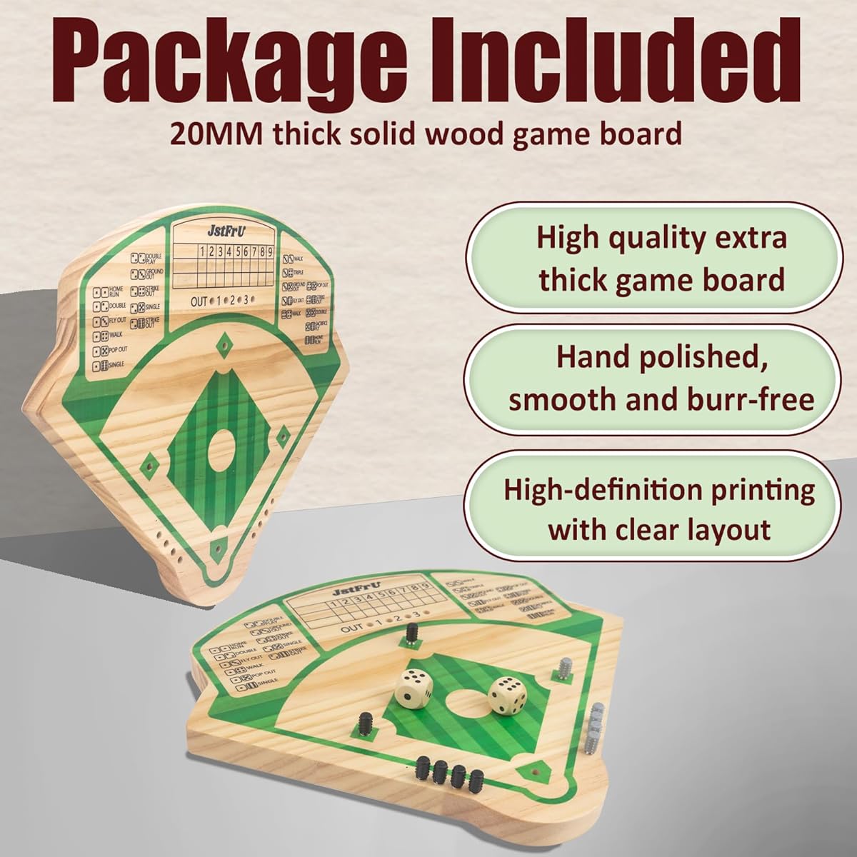 Baseball Board Game, Wooden Baseball Game, 20mm Thick Wooden Board with 10 Pieces & Dice, Markers, Perfect for Family Game Nights/Parties/Road Trips, Portable
