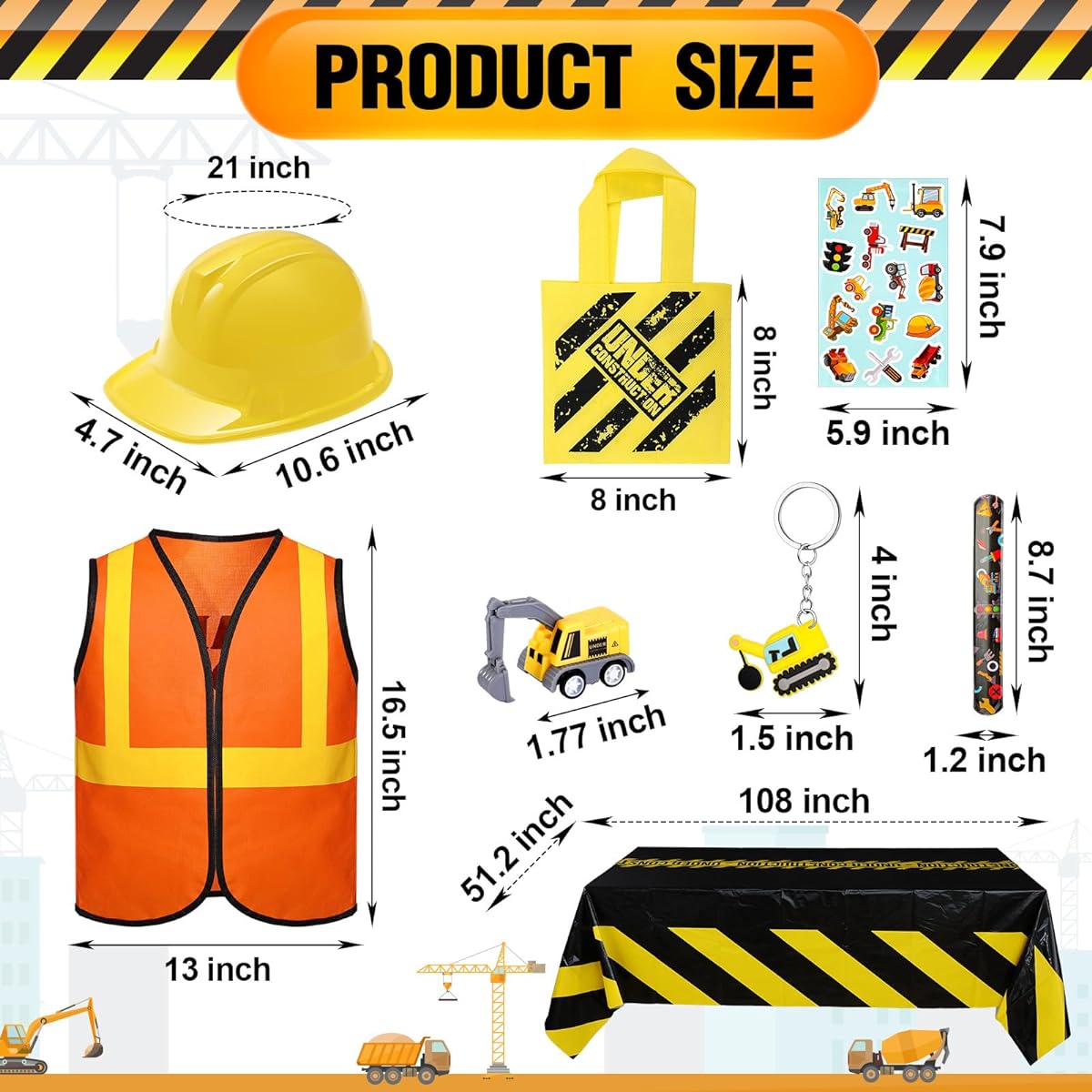 Sratte 122 Pieces Construction Birthday Party Supplies, 12 Construction Hats, 12 Construction Vests, 12 Tote Bags, 24 Construction Toys, 12 Slap Bracelets, 12 Key Chains, 12 Stickers, 24 Stamps, 2 Table Cloths