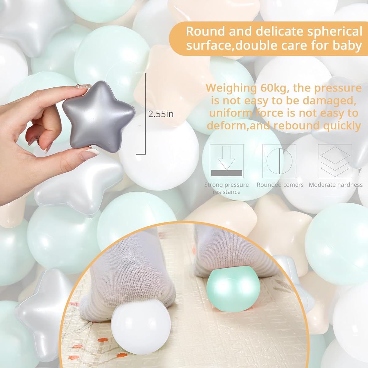Heopeis Ball Pit Balls 100 Pack - Stars and Rounds Set BPA Free Phthalate Free Non-Toxic No Collapsible Play Balls Soft Plastic Balls for Toddlers, Babies, Kids, Birthday, Pool, Tent, Party
