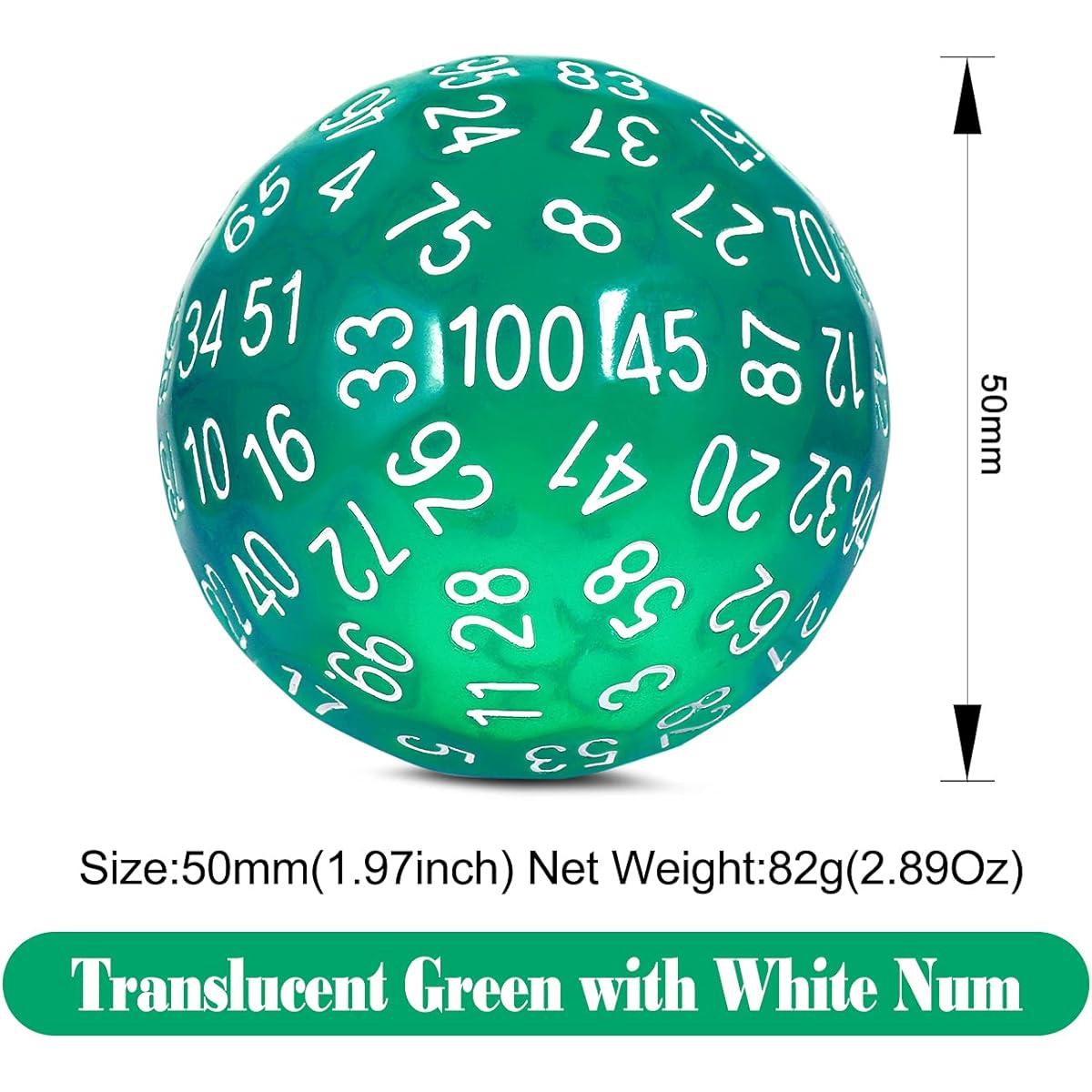 Green D100 Dice DNDND 100 Dice with Translucent Pouch for Dungeons and Dragons Translucent Green with White Numbers