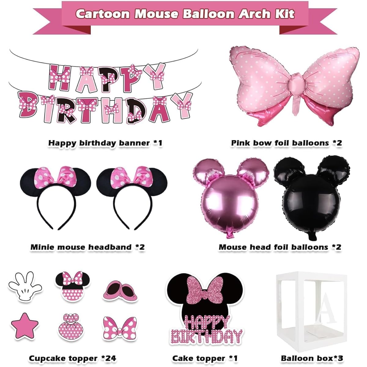 Pink Mouse Birthday Party Supplies - Pink Mouse Balloon Garland Arch Kit Cartoon Mouse Theme Birthday Party Decorations for Girls Pink Ribbon Foil Balloons and Banner Baby Shower Party Supplies
