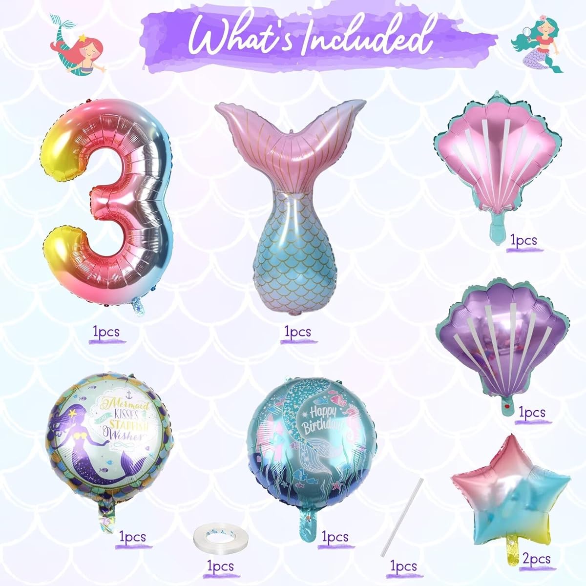 Mermaid 3rd birthday decorations, 8 pcs mermaid birthday decorations balloons, 40 inch rainbow number 3 balloons, large helium foil mermaid tail balloons, seashell balloons for mermaid party supplies