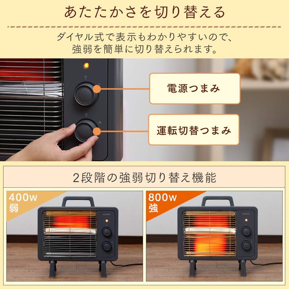 Iris Ohyama Electric Stove, Fast Heating, Power Off when Falling Down, 400W/800W, 2-Stage Switching, Black Coat Heater, IEHDB-800-H, Gray