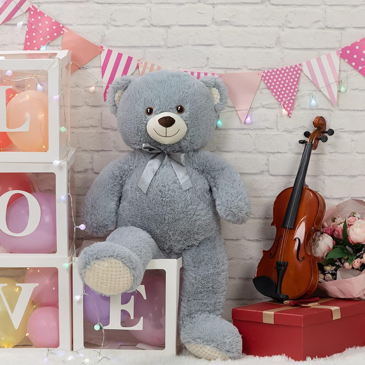 WENMOTDY Giant Teddy Bear Plush Toy Giant Teddy Bear with Bow Cuddly Toy Gift for Kids Girlfriend Gray 39''
