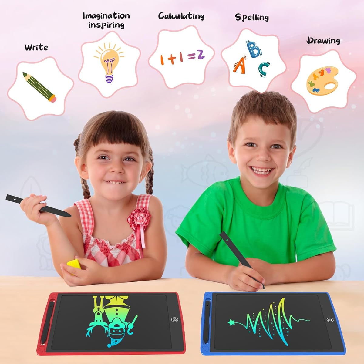 HAPPYMATE LCD Writing Tablet for Kids 12 Inch 2 Pack Colorful Doodle Pad Writing Board LCD Drawing Board Erasable Kids Toy Birthday Gift for 3 4 5 6 7 8 Year Old Girls Boys (Blue and Pink)