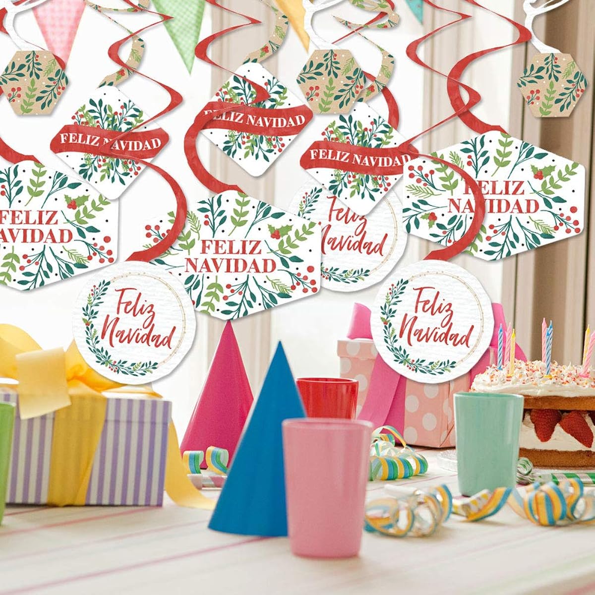 Big Dot of Happiness Feliz Navidad - Holiday and Spanish Christmas Party Hanging Decor - Party Decorations Swirls - Set of 40