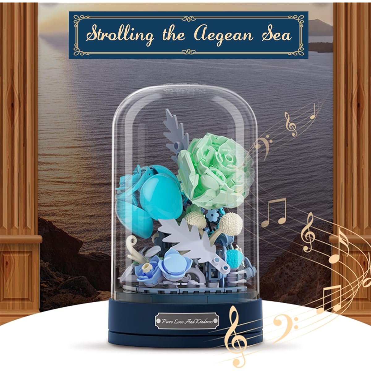 MEIEST Building Blocks Flower Bouquet Set with Music Box and Dustproof Dome, Artificial Particle Flower Collection, Building Blocks Toys, Home Decoration (Blue)