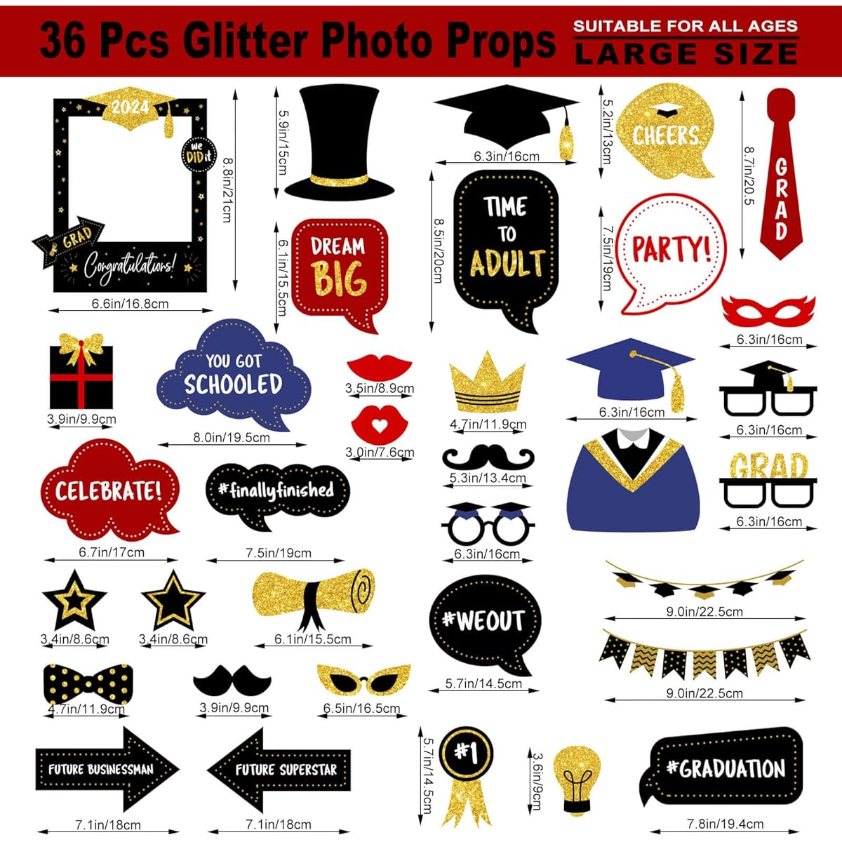 Graduation Photo Booth Props 2024 Graduation Decorations 2024 Graduation Party Supplies for College High School - Real Glitter