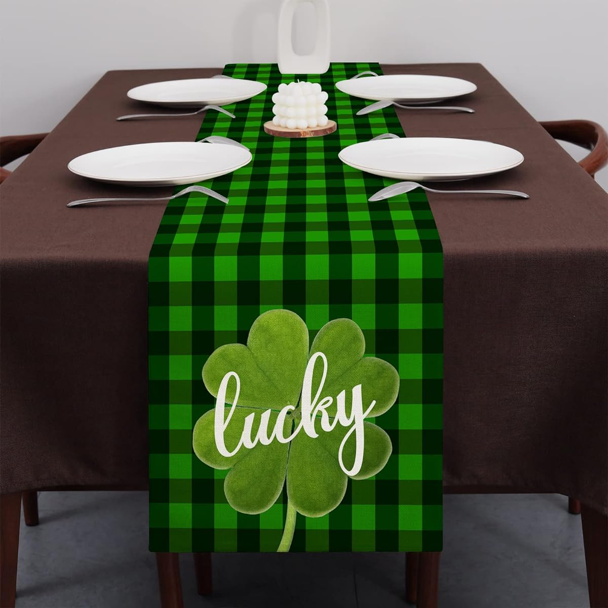St. Patrick's Day Table Runner Shamrock Buffalo Check Lucky Table Runner 72" Long for Kitchen Dining Table Decor Holiday Party Indoor Outdoor Decor