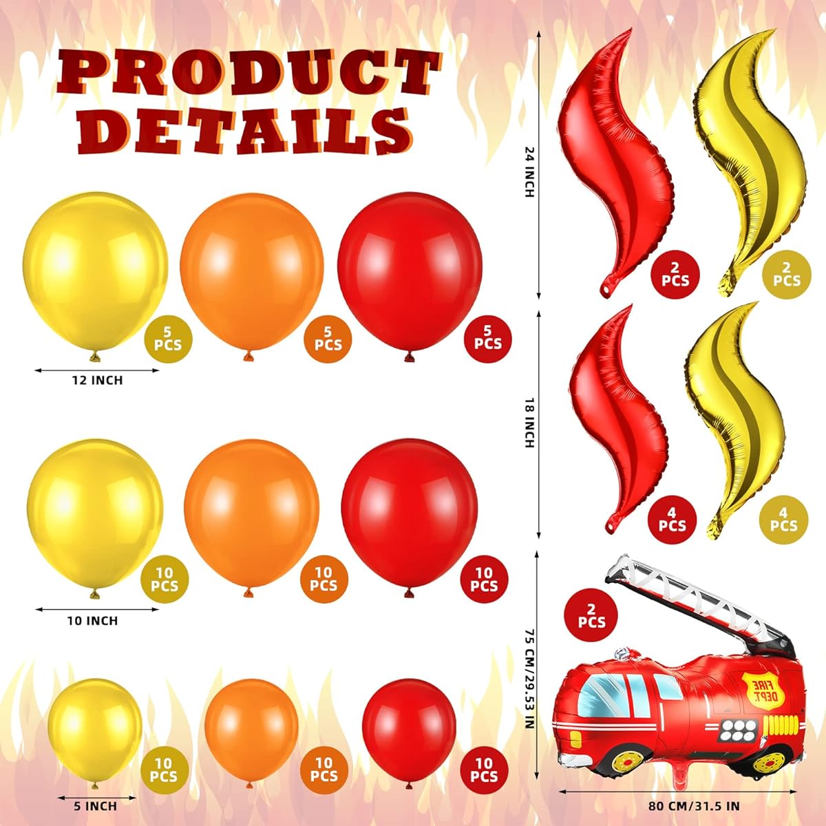 Fire Truck Party Decorations Set, 89 Pieces Fire Engine Birthday Balloons, 2 Pieces 24 Inch Foil Flame Balloons, 14 Pieces Red Orange Yellow Latex Balloons, Boys Rescue Theme Party Supplies