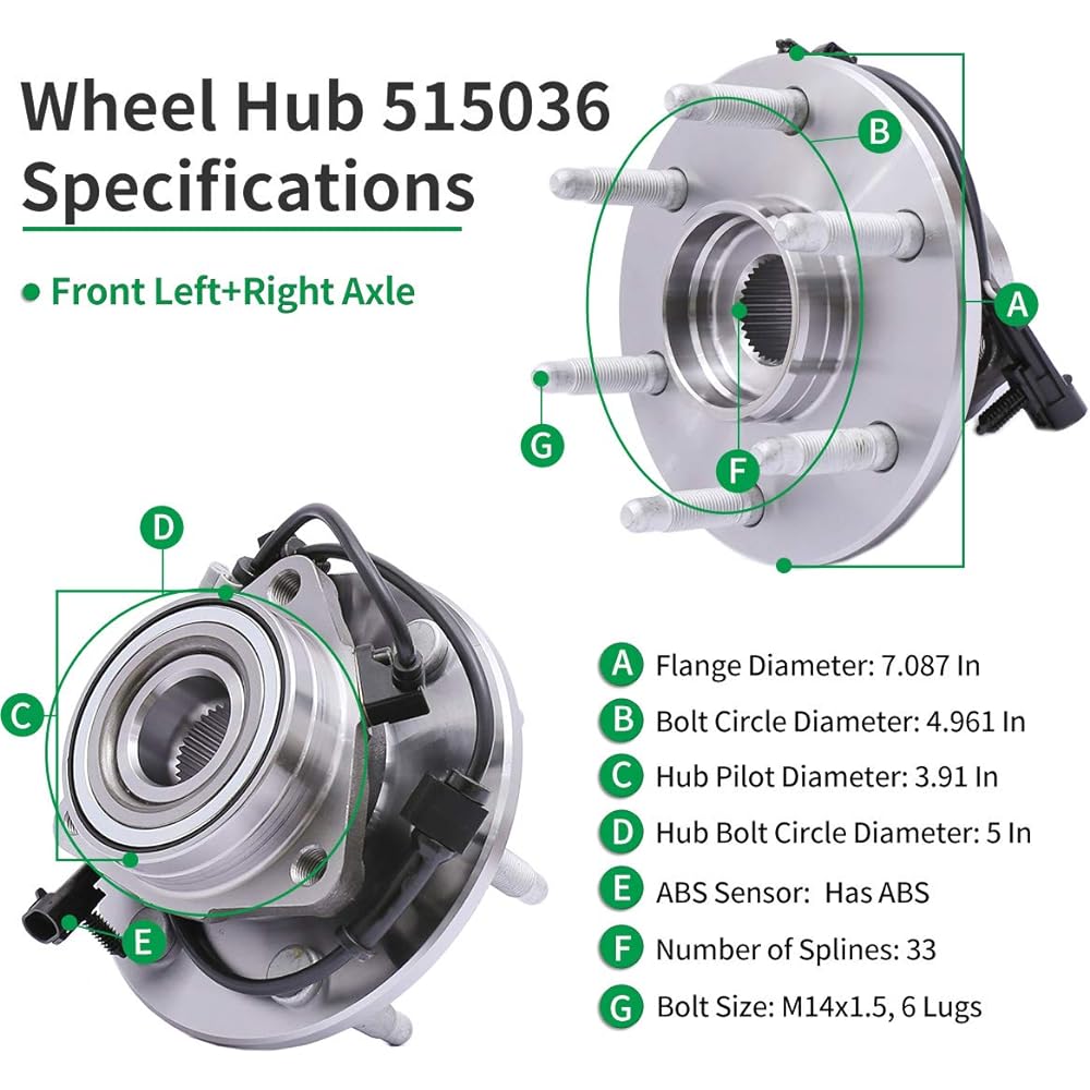 HICKS 515036 Front Wheel Bearing Hub Assembly (4WD Only) Chevrolet Avalanche Express 1500 Tahoe Silverado 1500, GMC Yukon Sierra Savana 1500, Cadillac Escalade 6 Lug W/ABS 4WD Only 1 Set