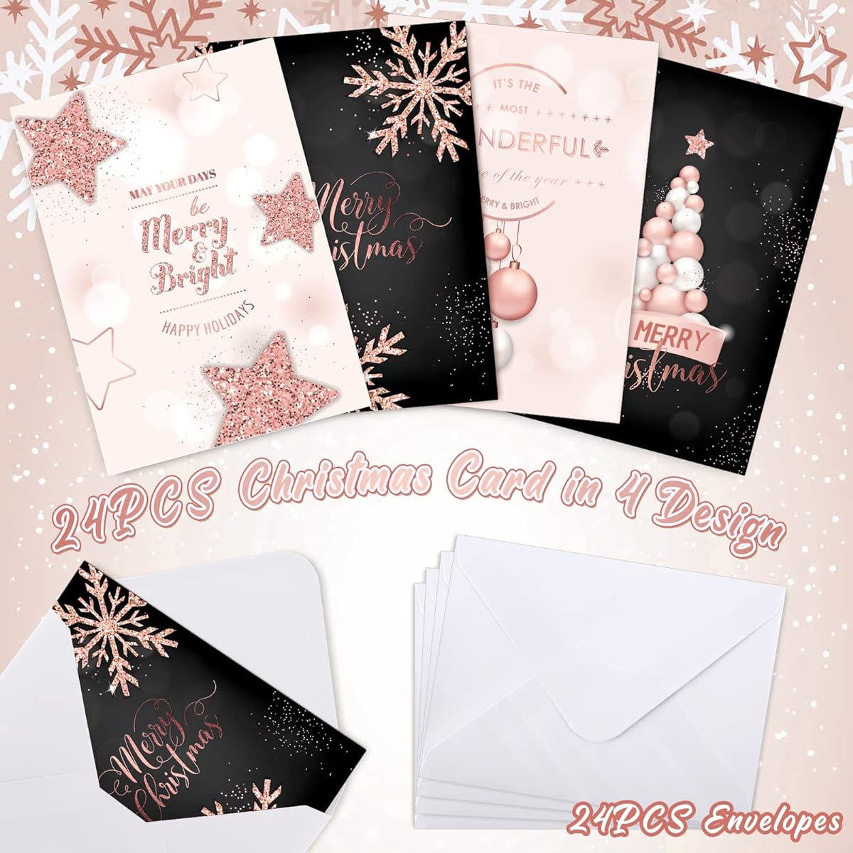 Whaline 24 Pack Merry Christmas Greeting Cards with Adhesive Envelopes 5 x 7 Inch Black Pink Foil Christmas Note Cards Snowflake Balloon Pattern Holiday Cards for Party Favors 4 Designs